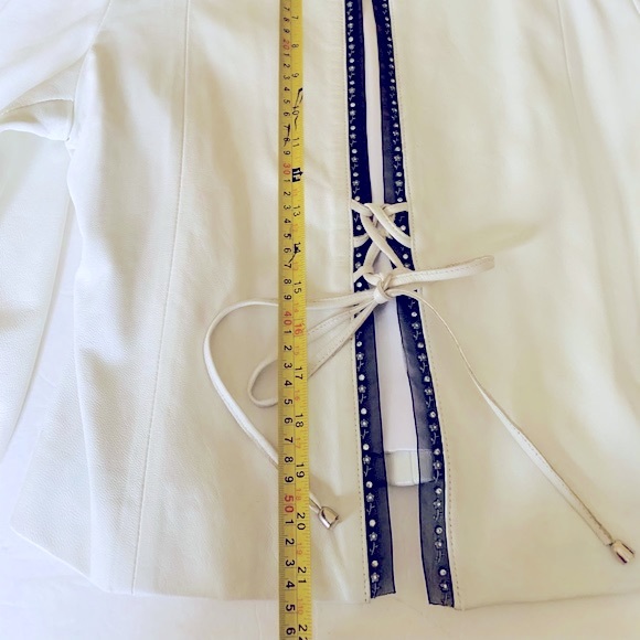 White Real lamb leather blazer Jacket Black Chiphon Trim With Rhinestones Eur L - Picture 13 of 13